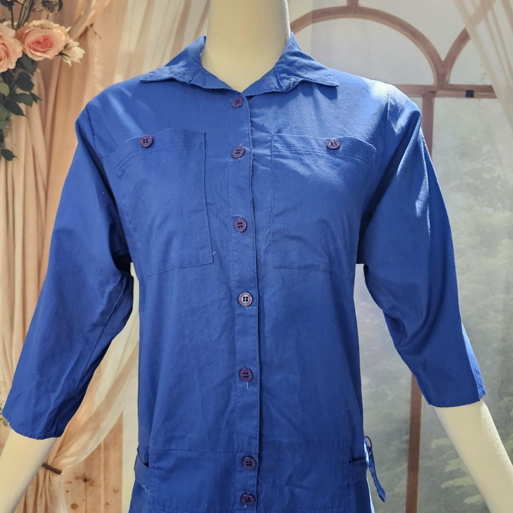 Vintage 1980s Dress Royal Blue Drop Waist Long Sleeve Button Down Collared - Picture 3 of 16